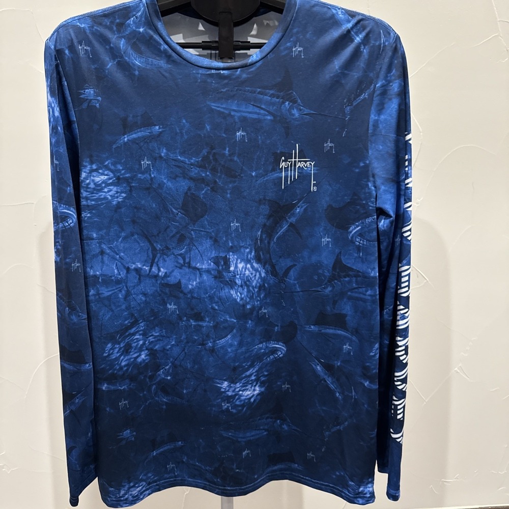 Guy Harvey Shirt Adult Medium Blue Fishing Long Sleeve‎ Spellout Mens